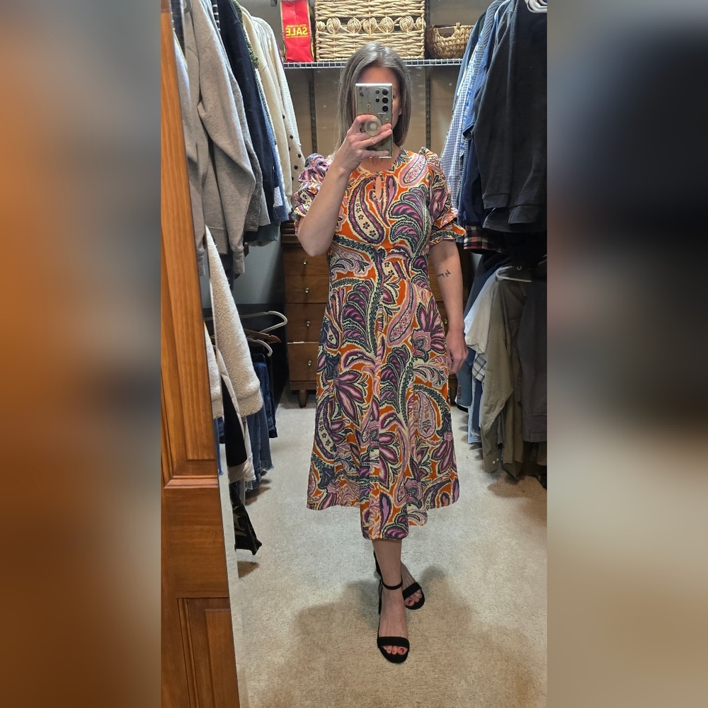 Tyler Boe Womens Dress Size Small Silk Purple And Orange Paisley Puff Sleeves - Picture 1 of 16